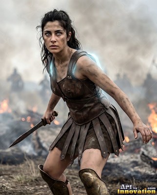 Crouching low on a smoky battlefield, an armed woman holds a knife