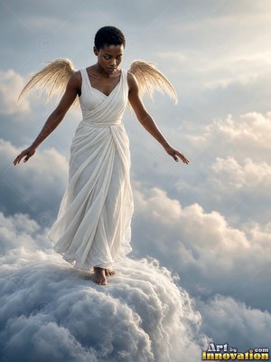 A woman dressed in a white dress with feathered wings steps down onto soft clouds