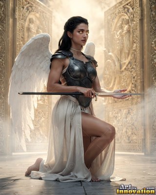 A winged woman in metal armor kneels with a sword