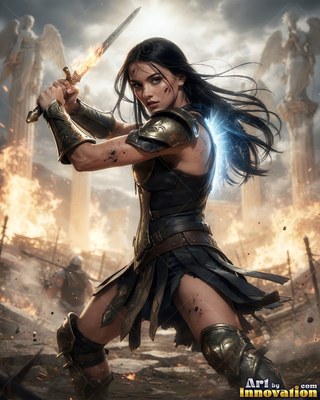 Scratched bronze armor covers a woman raising a burning sword on a smoky battlefield