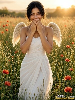A winged woman covers her smile in a poppy field lit by warm afternoon sun
