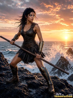 A woman crouches with a staff on wet sea rocks at sunset