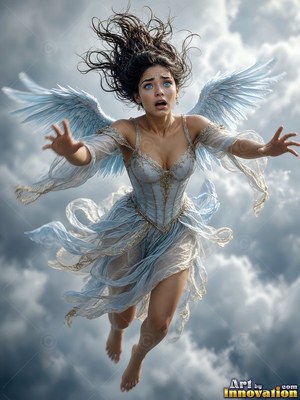 A wide-eyed woman with blue wings falls through gray clouds in a light blue dress