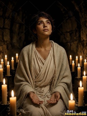 In a dark stone room, a woman in a beige robe looks up surrounded by candles