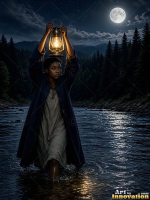 Wading through a dark river under the full moon, a woman holds up a lantern