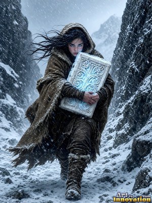 A hooded woman walks through snow carrying a carved stone box