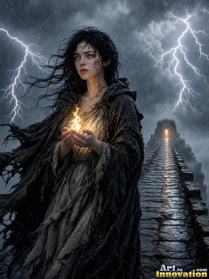Torn dark cloak wrapped on a woman holding yellow flame on a rainy bridge under lightning