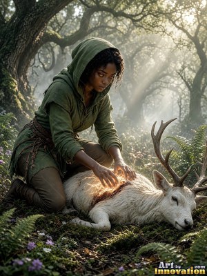 A woman in a green hood places her hands on a fallen white deer in hazy sunlight