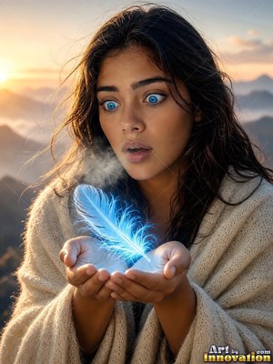 A woman with blue eyes looks surprised at a bright blue feather in her hands