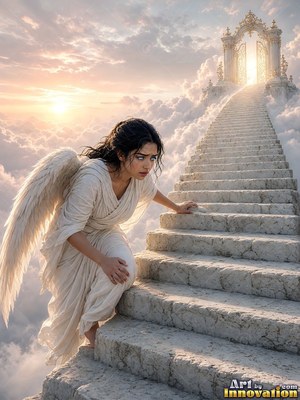 On stone stairs in the clouds, a winged woman in a white dress crawls upward
