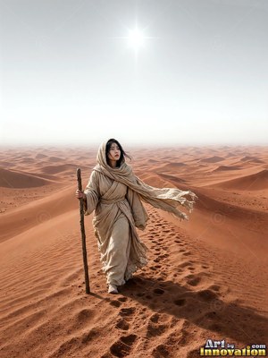 Walking across red desert dunes, a woman in tan robes carries a wooden staff