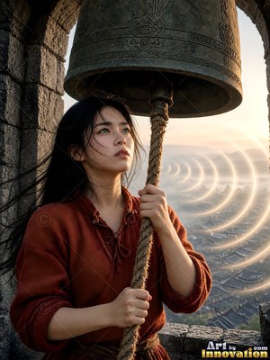 A woman in a red shirt holds a rope under a bronze bell