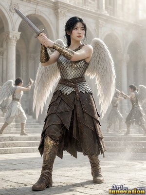 Wearing scaled armor, a winged woman raises a sword in a stone courtyard