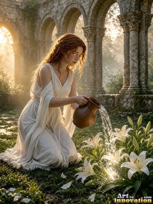 A young woman kneels in white drapery, pouring water on lilies in warm morning sunlight
