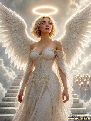 Standing on stone stairs, a woman with wings dressed in a white gown looks up at a halo