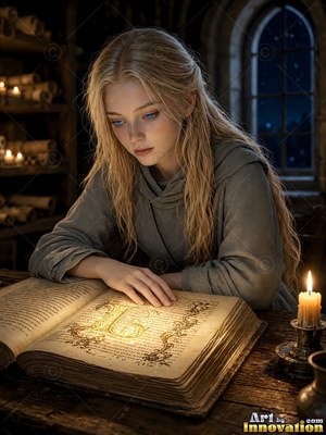 A blonde young woman reads an open old book by warm candlelight at night