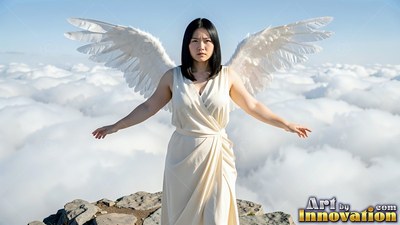 Above the white clouds, a woman with wings in a cream dress stands on a rocky peak