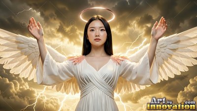 In a white dress, a woman with wings raises her hands below lightning and a stormy sky