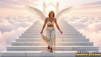 Walking down white marble stairs, a winged woman in a cream dress steps through clouds