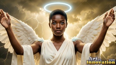 A Black woman with white wings raises her hands under a halo in a stormy sky