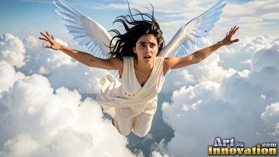 Falling through clouds, a winged woman in a white gown spreads her arms wide