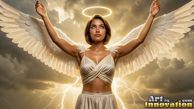 A woman with wings raises both arms beneath a bright halo in a stormy golden sky
