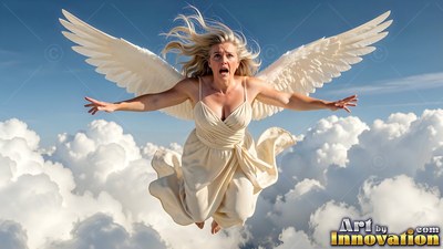 A blonde woman in a cream dress flies with wide white wings over clouds