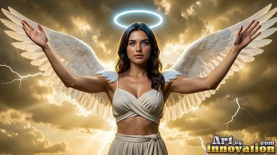 In a golden storm, a woman spreads white wings and open arms under a halo