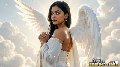 A winged woman in white praying before bright clouds