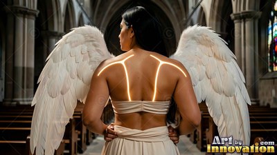 Bare-backed in a beige halter, a woman with white wings stands inside a dim stone church