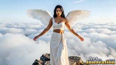 A woman sporting wings spreads her arms above clouds in warm daylight