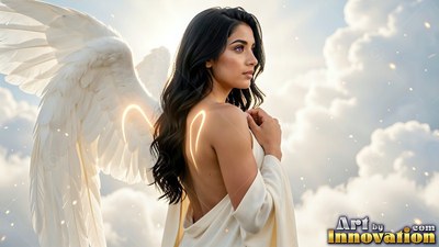 In a bright cloudy sky, a dark-haired woman in white turns with a feathered wing