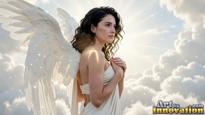 Woman with white angel wings in bright clouds