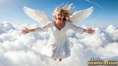 Wearing a plain white dress, a blonde woman with feathered wings flies through clouds with open arms
