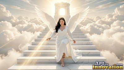 A woman with wings wearing a light white dress walks down marble stairs into bright sunlight