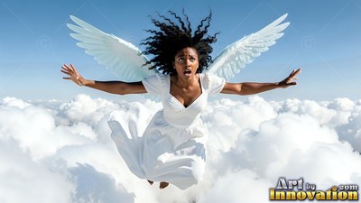 Arms spread wide, a Black woman with white wings falls above clouds