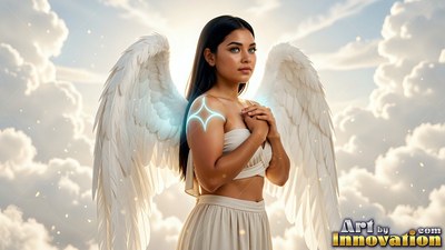 In bright clouds, a dark-haired woman with white wings holds her hands to her chest