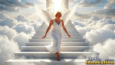 A blonde woman sporting wings in white walking down marble stairs in the clouds