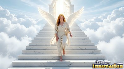 A barefoot woman in a beige dress with white wings walks down marble stairs in the clouds