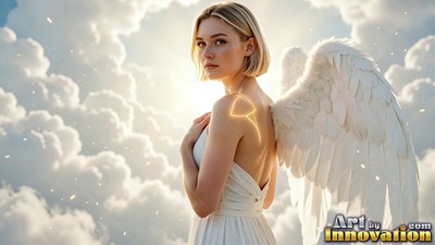 A blonde woman looks back over her shoulder as bright sunlight breaks through white clouds