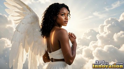 Looking over her shoulder, a winged Black woman in white stands against bright clouds