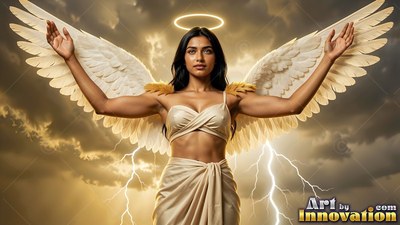 A woman sporting wings raises her arms in front of lightning and storm clouds