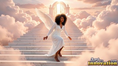 On cloud-lined marble stairs, a winged woman walks down in a plain white dress