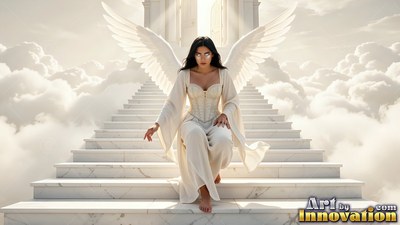 Stepping down marble stairs, a woman with wings in white robes pauses on the steps