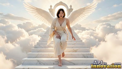 A winged woman in a cream dress walks down marble stairs