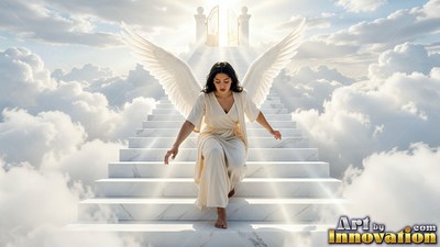 Stepping down marble stairs in the clouds, a woman with wings in a cream dress
