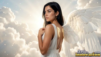 A young woman wearing a light white dress stands in bright sky with white feathered wings