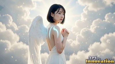 Looking back, a young woman in a light white dress sprouts pale wings against bright clouds