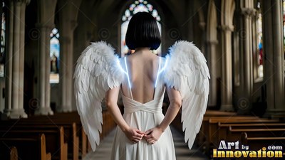 Woman in a plain white dress with wings seen from behind in a church