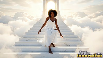 Bare foot in a white sundress, a Black woman steps down marble stairs in the clouds